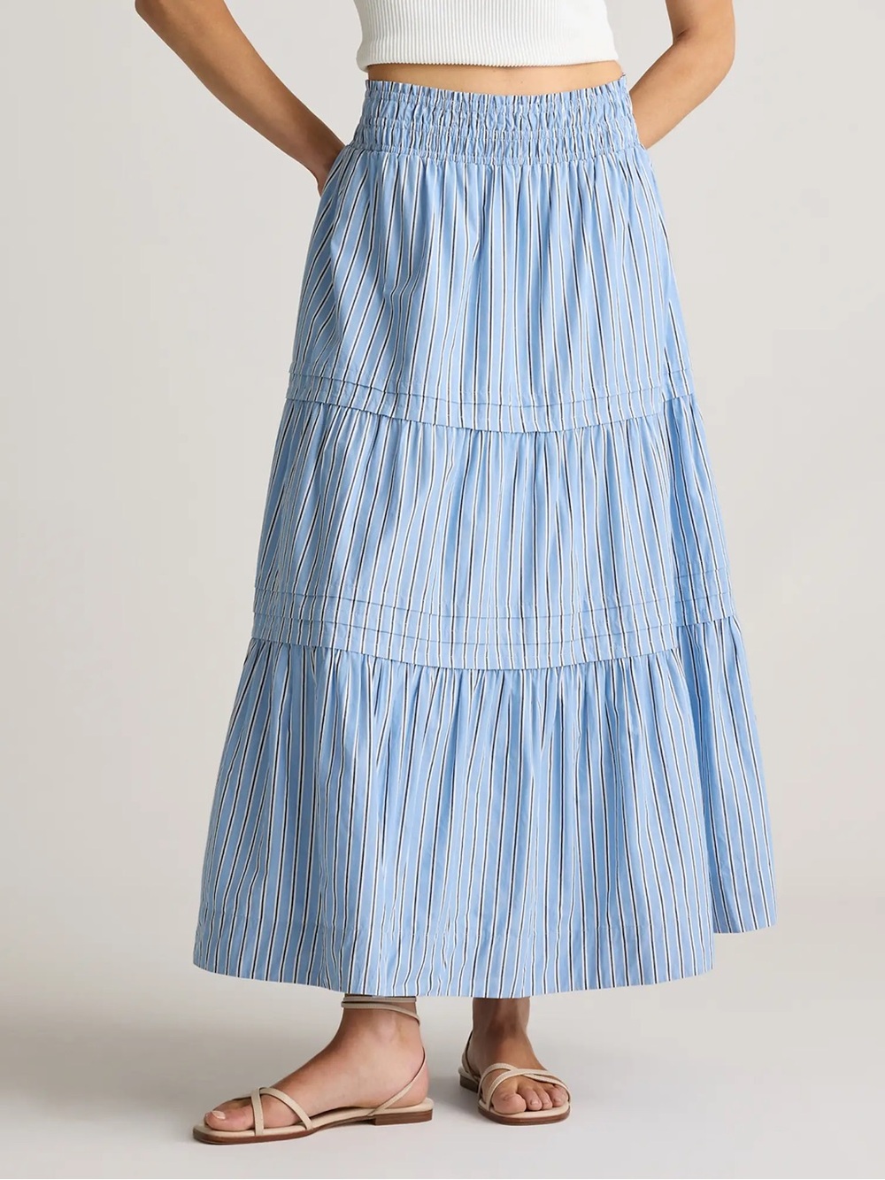 Quince 100% Organic Cotton Poplin Tiered Maxi Skirt | Size L | Blue White Stripe - Picture 3 of 8